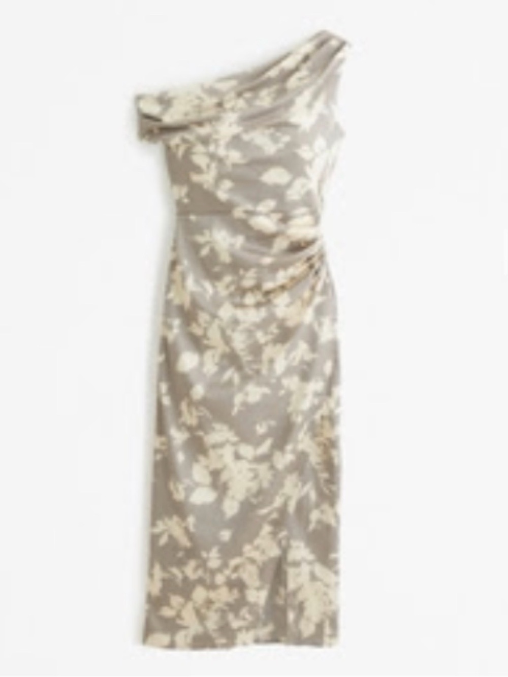 One-Shoulder Taupe Floral Satin Dress